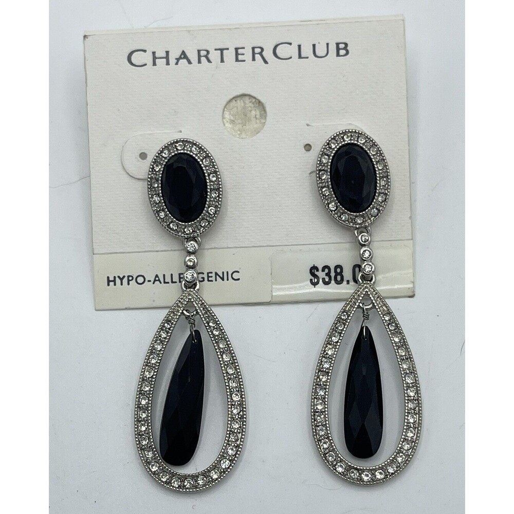 Charter Club Silver & Black Teardrop Evening Dangle Earrings New